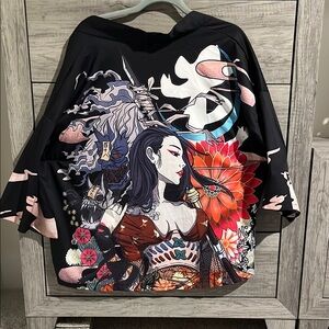 SHEIN Black Kimono with Vibrant Graphic Design